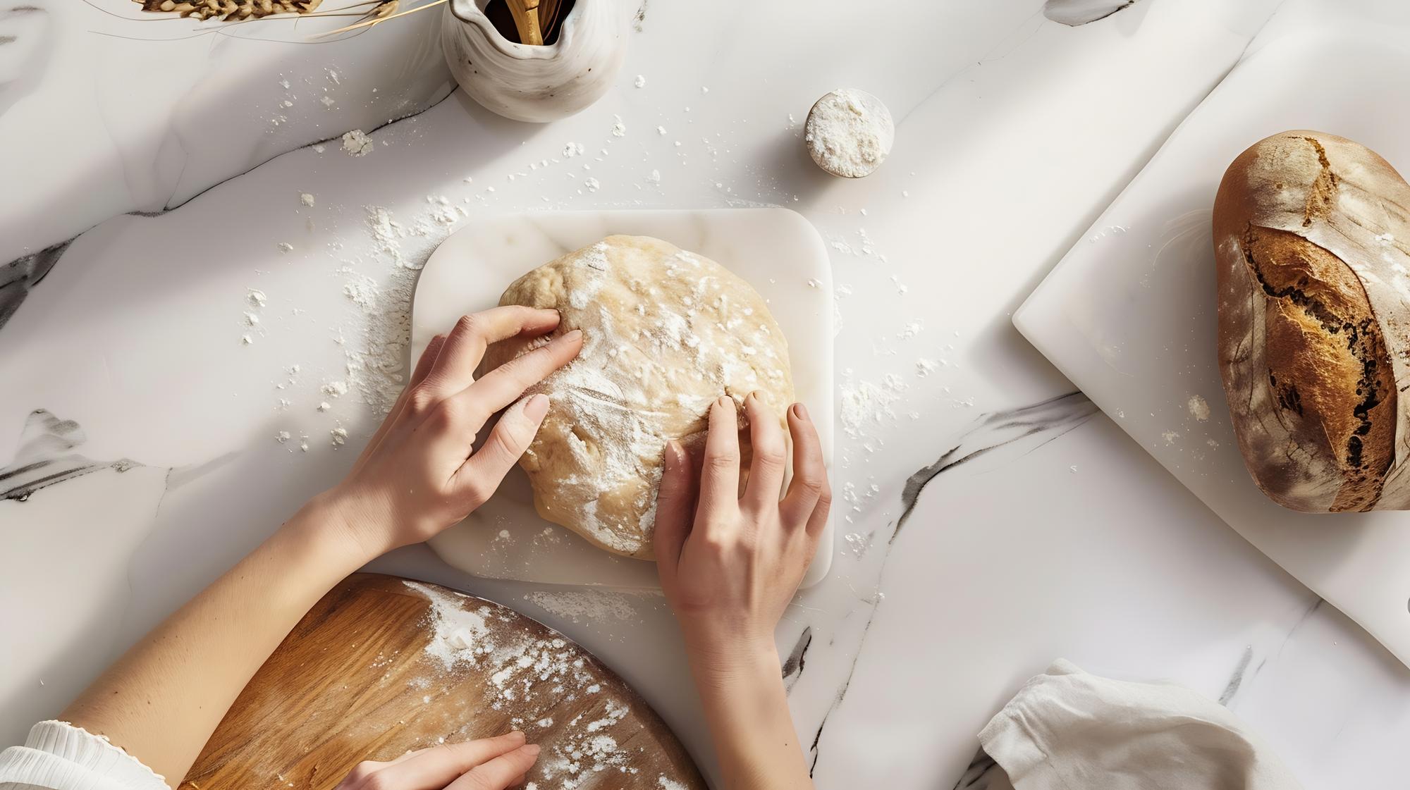 close-up of hands kneading dough in warm kitchen light