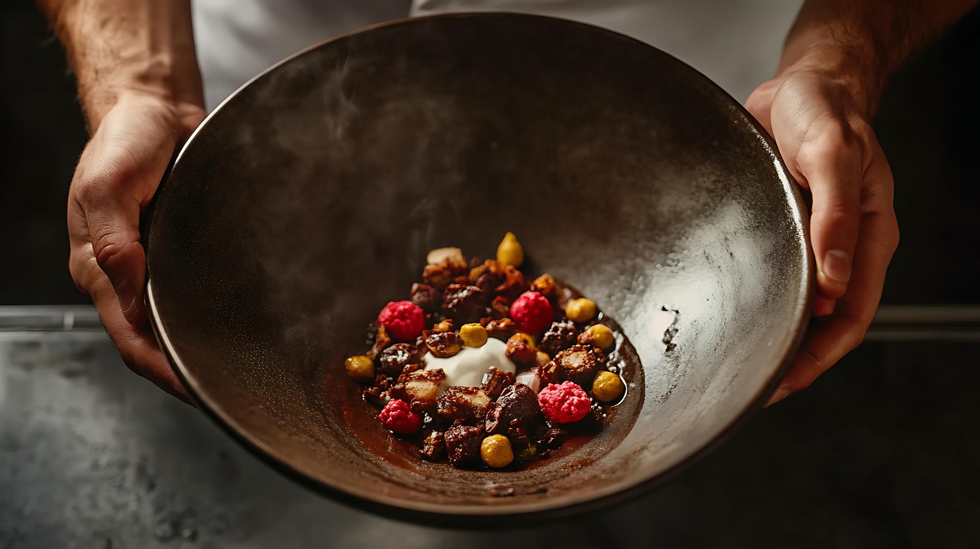 chef plating a rustic dish on a wooden table